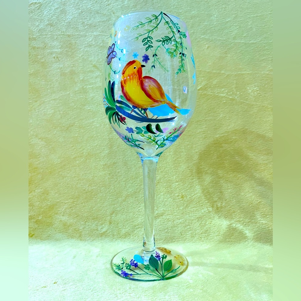 3pc Wine Glasses/Water Goblets Sunflowers/Flowers/Birds Hand Blown Hand Painted